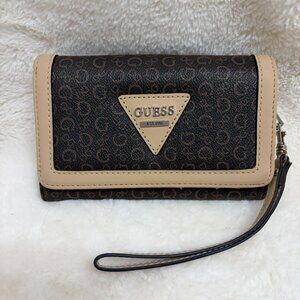 Medium Size GUESS Brand Wallet/Wristlet Dark Brown/Tan Trim